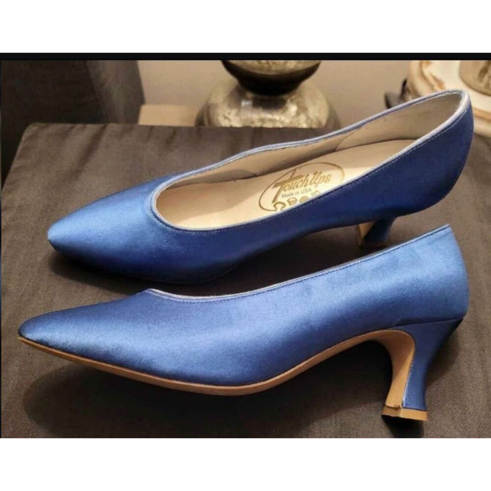 VTG 80s Touch Ups Blue Satin Kitten Heels SZ 7.5 Prom Wedding Formal Pumps Shoes